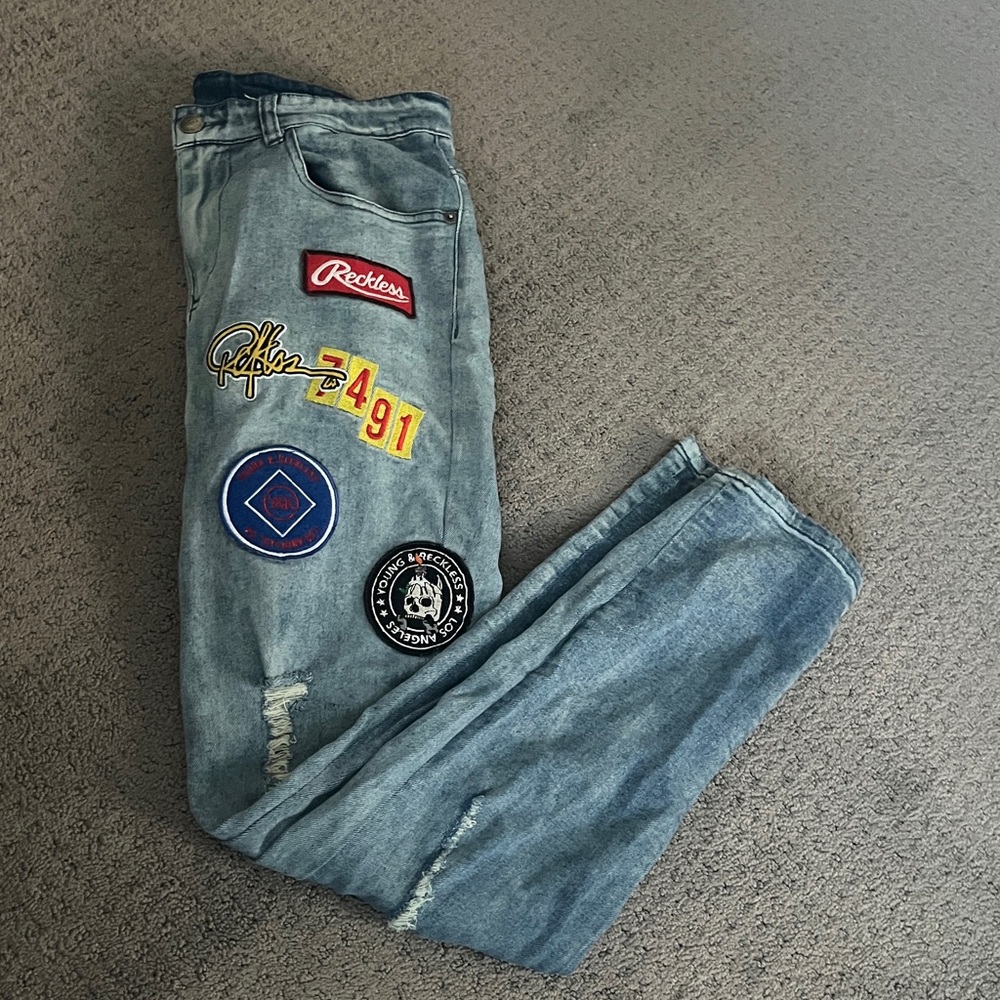 Young & Reckless Light Blue Jeans with Colorful Patches